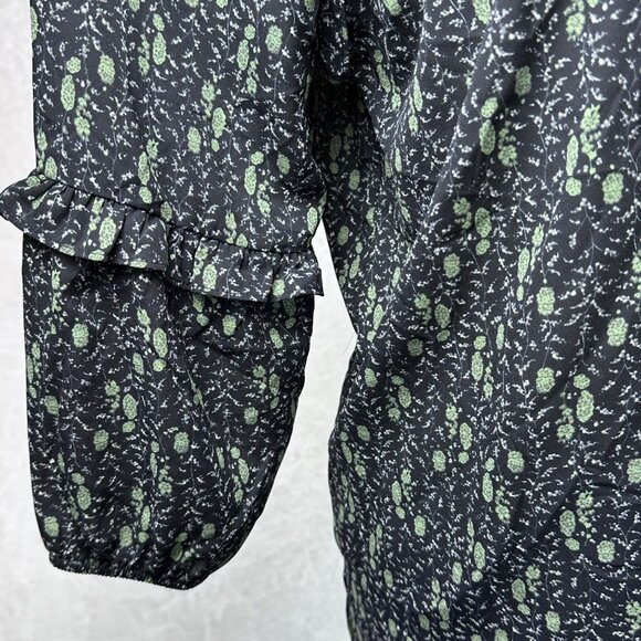 Beacon Apparel Black Green Floral Blouse Sz M 3/4 Sleeves Keyhole Flowy Fairy - Picture 3 of 12